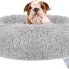 OKPOW Donut Dog Bed,60cm Calming Anti Anxiety Medium Dog Beds,Washable Soft Warm Plush Fleece Fluffy Soothing Cat Pet Cushion,Round Orthopedic Relief Improved Sleeping Non Slip Bottom Kitten Bed