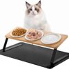 Otoomenz 3PCS Cat Bowl, Ceramic Cat Food Bowls With 15° Tilted Wood Stand,Raised Cat Bowls for Food and Water, Bamboo Cat Feeding Station with Cat Food Mat for Cats and Puppy