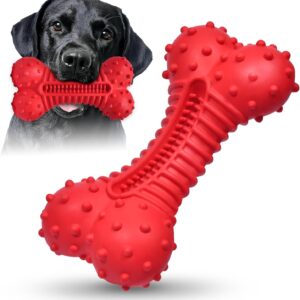 Ouilter Dog Toys for Aggressive Chewers Rubber- This Large, Tough and Heavy Bone with Natural Bacon Flavor are Excellent Dog Chew Toys for Large Dogs to Care Their Teeth Dental, Relief Boredom (Red)