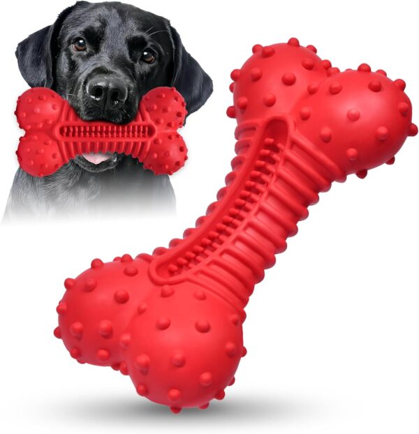 Ouilter Dog Toys for Aggressive Chewers Rubber- This Large, Tough and Heavy Bone with Natural Bacon Flavor are Excellent Dog Chew Toys for Large Dogs to Care Their Teeth Dental, Relief Boredom (Red)