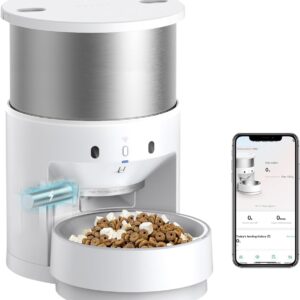 PETKIT Automatic Cat Feeder Stainless Steel, 2.4G Wi-Fi Auto Pet Feeder for Remote Feeding, 20s Voice Recorder, Low Food & Blockage Sensor, Battery Back-up, 5-200g/Meal, 1-30 Servings, 5L