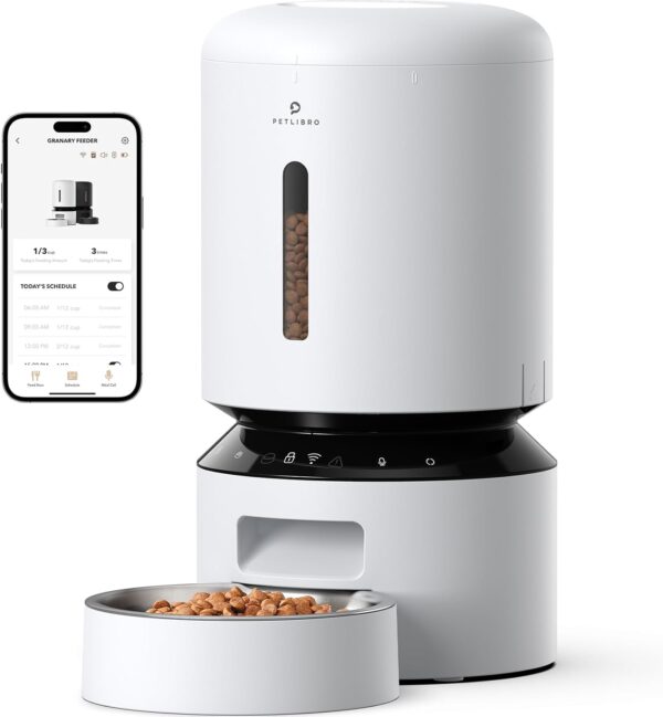 PETLIBRO Automatic Cat Feeder, 5 GHz Wi-Fi Cat Feeder with App Control for Dry Food, Stainless Steel Bowl, Low Food& Blockage Sensor, 1-10 Meals Per Day, up to 10s Meal Call for Cat and Dog(5L, White)