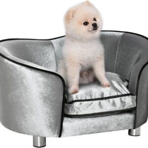 PawHut Dog Sofa Bed for Miniature Dogs, Pet Chair Couch Kitten Lounge with Soft Washable Cushion, Thick Sponge, Wooden Frame, Storage Pocket, 69 x 49 x 38cm - Silver-Tone