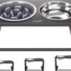 Pecute Raised Dog Slow Feeder Bowl Set, Durable Iron Feeding Stand with Adjustable Heights, Elevated Double Bowls for Small Medium Dogs (Stainless Steel Water Bowl 1250ml + Slow Eating Bowl 600ml)