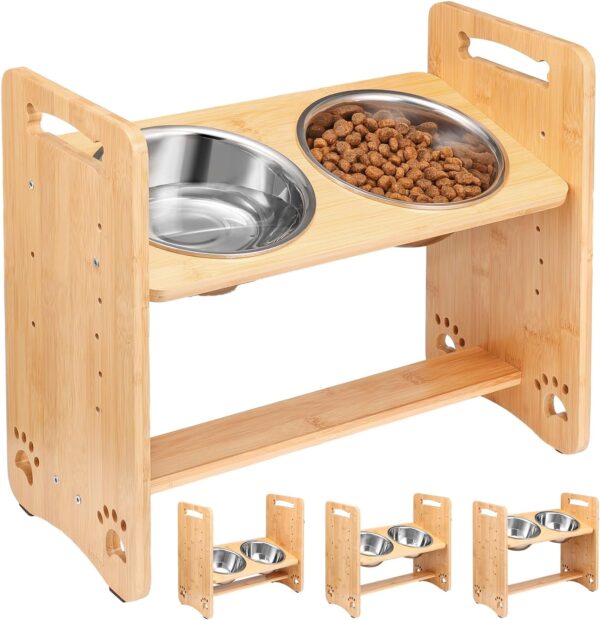 Petbank Raised Dog Bowl with Stand - Elevated Dog Bowls with 6 Adjustable Heights(5.5”-11.4”) - 18°Tilt Bamboo Dog Bowl Shelf - Pet Food Feeder with 2 Stainless Steel Bowls for Large/Medium/Small Pet