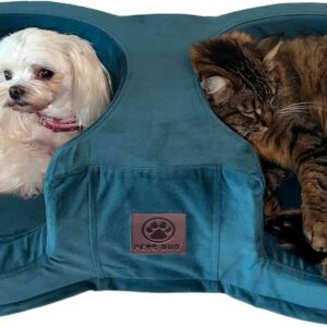 Pets Duo Small Pet Double Cat Dog Bed - Memory Foam Pet Bed with Luxury Durable Washable Velvet Cover - Anti Anxiety Plush Bed for Dogs & Cats (Teal Blue)