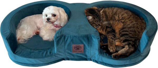 Pets Duo Small Pet Double Cat Dog Bed - Memory Foam Pet Bed with Luxury Durable Washable Velvet Cover - Anti Anxiety Plush Bed for Dogs & Cats (Teal Blue)