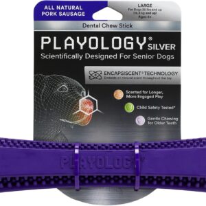 Playology Silver - Dental Chew Stick Dog Toy - Designed for Senior Dogs - Large - Engaging All-Natural Pork Sausage Scent