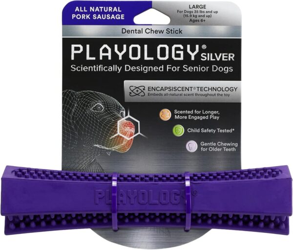 Playology Silver - Dental Chew Stick Dog Toy - Designed for Senior Dogs - Large - Engaging All-Natural Pork Sausage Scent