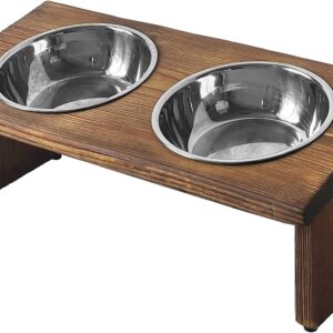 Raised Tilted Cat Bowl, Elevated Slanted Feeding Bowl for Cat and Dogs, Pet Food and Water Bowl with Adjustable Wooden Stand, Anti Slip Dog Cat Feeder with 2 Stainless Steel Bowls