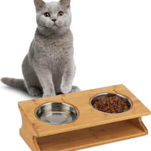 Relaxdays Double Pet Bowl Cat & Dog, Tilted, Raised, Twin Feeding Station Food & Water, 12x39x19.5 cm, Bamboo, Silver, Stainless Steel, Natural, 1 Item