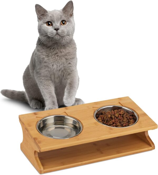 Relaxdays Double Pet Bowl Cat & Dog, Tilted, Raised, Twin Feeding Station Food & Water, 12x39x19.5 cm, Bamboo, Silver, Stainless Steel, Natural, 1 Item