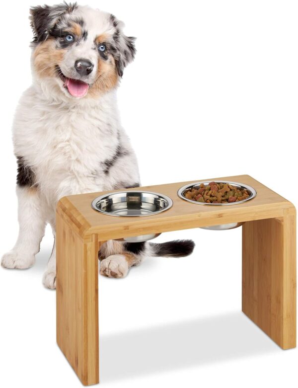 Relaxdays Feeding Station, 2 Stainless Steel Bowls, Large Dogs, Water & Food, Raised, Bamboo, HWD 31x45x20.5 cm, Natural, Pack of 1