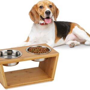 Relaxdays Pet Feeding Station, Medium Dogs, 2 Stainless Steel Bowls, Food & Water, Raised, HxWxD 18.5x40x21cm, Natural, Bamboo