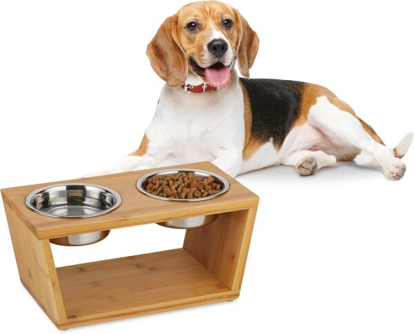 Relaxdays Pet Feeding Station, Medium Dogs, 2 Stainless Steel Bowls, Food & Water, Raised, HxWxD 18.5x40x21cm, Natural, Bamboo