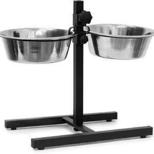 Relaxdays Stainless Steel Feeding Bowl Set Of 2 With Height-Adjustable Stand, Dog Feeding Station With 2 Removable Bowls Cat Feeder Metal Elevated Raised Standing Feeder Bowl Set, Large, Silver