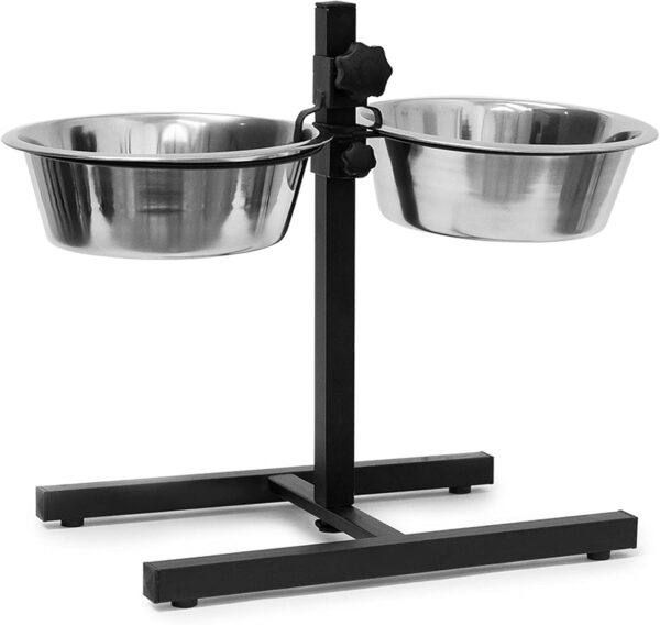 Relaxdays Stainless Steel Feeding Bowl Set Of 2 With Height-Adjustable Stand, Dog Feeding Station With 2 Removable Bowls Cat Feeder Metal Elevated Raised Standing Feeder Bowl Set, Large, Silver