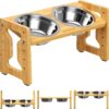 SEASOULSTAR Elevated Dog Bowls - Adjustable Raised Dog Bowl Stand with 2 Stainless Steel Bowls for Small Size Dogs and Cats - 9 Heights Anti-Slip Pet Feeder (Bamboo, Small Size Dogs and Cats)