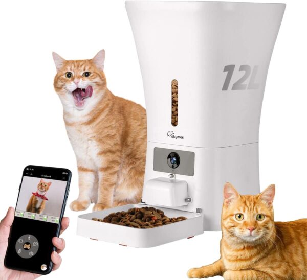 SKYMEE 12L WiFi Pet Feeder Automatic Food Dispenser for Cats & Dogs - 1080P Full HD Pet Camera Treat Dispenser with Night Vision and 2-Way Audio, Wi-Fi Enabled App for iPhone and Android