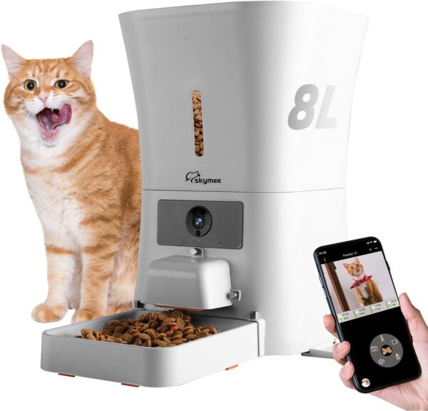 SKYMEE 8L Smart Automatic Pet Feeder Food Dispenser for Cats & Dogs - 1080P Full HD Pet Camera Treat Dispenser with Night Vision and 2-Way Audio, Wi-Fi Enabled App for iPhone and Android