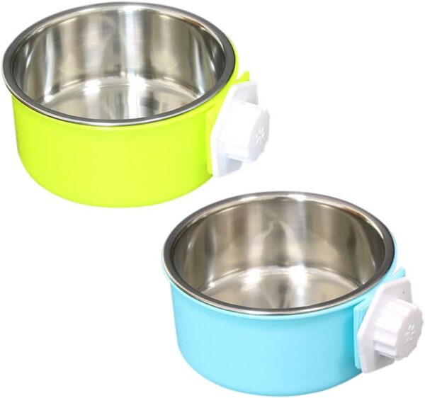 SLSON Pet Crate Bowls 2 Pack Dog Cage Hanging Bowl Removable Double Feeding Bowls for Pet Stainless Steel and Plastic Feeders for Dogs Cats Small Animals, Blue and Green