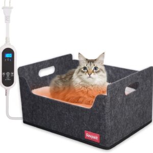 SOVPAIT Heated Cat Bed for Indoor Cats Heated Pet Bed with LED Real-Time Display of Heating Pad Temperature (Black/Grey, Heated)