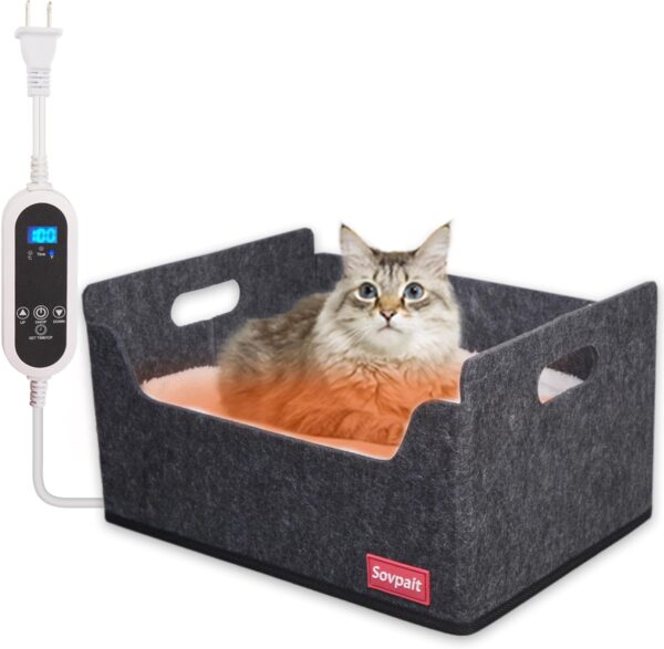 SOVPAIT Heated Cat Bed for Indoor Cats Heated Pet Bed with LED Real-Time Display of Heating Pad Temperature (Black/Grey, Heated)