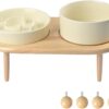 SPUNKYJUNKY Raised Ceramics Slow Feeder with Dog Water Bowl Combo Pack for Small Medium Breed with 2 Style Stand Adjustable Anti-Choking Raised Pet Bowl Set(Cream White+Cream White)