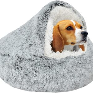 SUOXU Cat Bed Calming Small Dog Bed, Warm cosy Soft Plush Winter Indoor Cat Cave Bed, Anti Slip Bottom Machine Washable Anti-Anxiety Hooded Pet Bed, Suitable for Small Dogs/Large Cat Under 10kg