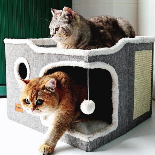 Spindro Large Cat Bed for Indoor Cats, Foldable Adult Cat Cave Anti Anxiety Cat House Cube with Scratch Pad Cat Towers, Cute Kitten Condo Hideaway Hut with Soft Pillow Mat,Grey