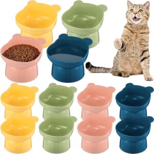 Suclain 12 Pcs Plastic Elevated Cat Bowls Cute Bear Shape Raised Cat Bowls Cartoon Multicolor Tilted Pet Food Bowls Anti Vomit Dog Kitten Food Dishes for Cats and Small Dogs, 4 Colors