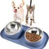 Suhaco Double Dog Bowl Raised Dog Food Bowl Non Slip Stainless Steel Double Bowls with Non-spill for Small Dogs and Cats (Dark Blue)