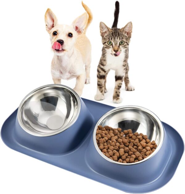 Suhaco Double Dog Bowl Raised Dog Food Bowl Non Slip Stainless Steel Double Bowls with Non-spill for Small Dogs and Cats (Dark Blue)