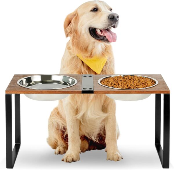 Sunhoo Elevated Dog Bowls Raised Feeder for Large Medium Breed Dogs Tall Standing Holder Wood High Pet Feeding Station 2 Big Stainless Steel Dish Metal 22.64 * 9.45 * 11.42in 53oz Non-Slip Heavy Duty