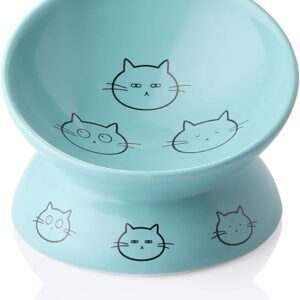 Sweejar Home Ceramic Raised Cat Bowls, Slanted Cat Dish Food or Water Bowls, Elevated Porcelain Pet Feeder Bowl Protect Cat's Spine, Stress Free, 140ml, Backflow Prevention (Turquoise)