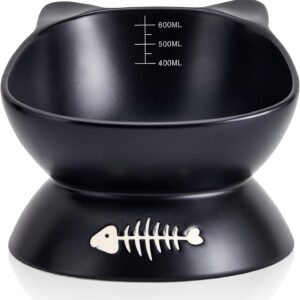 Swuut Large Raised Cat Bowl for Dry Wet Food,15cm Water Bowl Ceramic Tilted Elevated Pet Bowl Dish with Measuring,Spine Protect,Slanted Design for Easy Eating,Gift for Cat(Black)