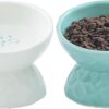 TAMAYKIM Tilted Ceramic Raised Cat Bowls, 8 OZ Food and Water Bowl Set for Cats, 5 inch Porcelain Elevated Stress Free Feeding Pet Dish, Dishwasher and Microwave Safe, 2 Pack (White & Mint Green)