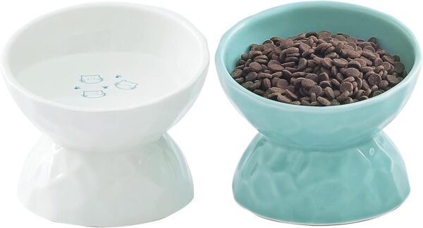 TAMAYKIM Tilted Ceramic Raised Cat Bowls, 8 OZ Food and Water Bowl Set for Cats, 5 inch Porcelain Elevated Stress Free Feeding Pet Dish, Dishwasher and Microwave Safe, 2 Pack (White & Mint Green)