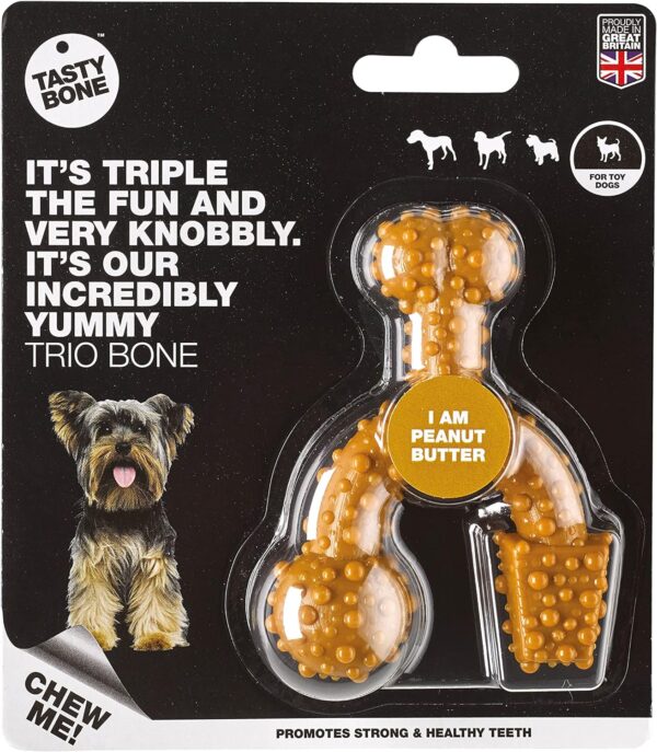 TastyBone TrioBone Nylon Dog Chew Toy for Toy Dogs (Peanut Butter) - Indestructible for Aggressive Chewers, Everlasting Flavour, Strong Healthy Teeth, Made in the UK