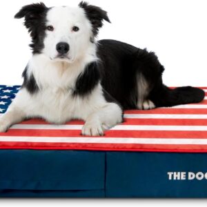 The Dog’s Bed Orthopaedic Dog Bed Large Blue & Red Trim, USA Centre Flag, Pain Relief for Arthritis, Hip & Elbow Dysplasia, Post Surgery, Waterproof Washable Cover