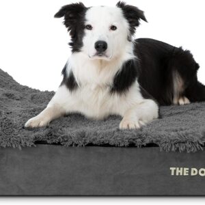 The Dog’s Bed Orthopaedic Headrest Dog Bed Large Grey Fur 101x64x15cm, Waterproof Memory Foam Dog Bed