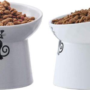 Tilted Raised Cat Food and Water Bowl Set,Elevated Slanted Cat Feeder Bowls,Ceramic Pet Bowls,Protect Pet's Spine,Backflow Prevention,2 Pack(White&Gray)