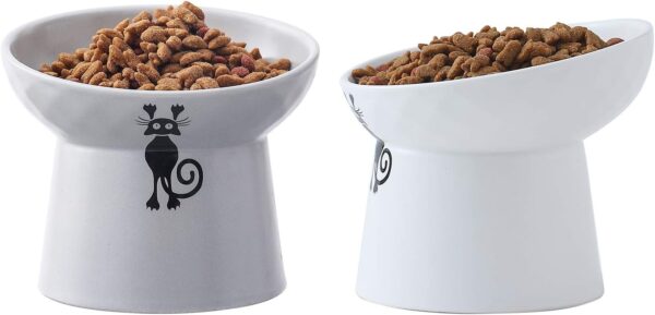 Tilted Raised Cat Food and Water Bowl Set,Elevated Slanted Cat Feeder Bowls,Ceramic Pet Bowls,Protect Pet's Spine,Backflow Prevention,2 Pack(White&Gray)
