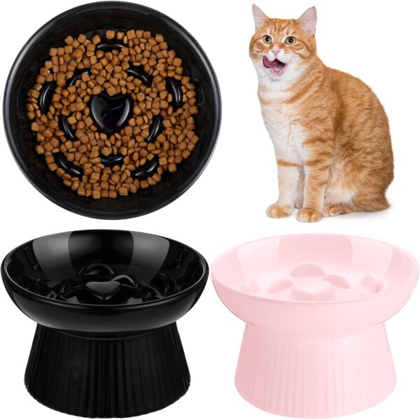 Tioncy 2 Pcs Ceramic Slow Feeder Raised Cat Bowl Cat Food Bowl Elevated Cat Bowls Dry Wet Food and Water Bowl Easy to Clean Pet Bowls High Edge for Cats Small Dogs, Dishwasher Safe (Black, Pink)