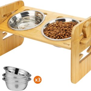 Toozey Raised Dog Bowls for Small Dogs and Cats, 6 Heights Adjustable Dog Bowls with Non-slip Feet, Raised Dog Bowl with 3X 500ml Stainless Steel Bowls, 15° Tilted Bamboo Cat Bowls