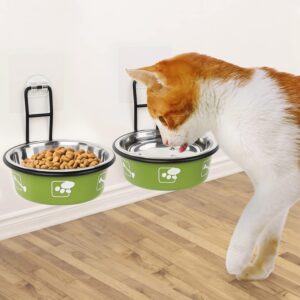 Torlam Elevated Cat Bowls, Wall Mounted Cat Food Dish, Raised Cat Food and Water Bowls, Stainless Steel Elevated Pet Bowls with Stand, Nonslip No Spill Pet Feeding Bowls (2 Packs) (Green)