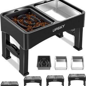 UPSKY 3-in-1 Elevated Dog Bowls Slow Feeder, 4 Height Adjustable Raised Dog Bowl Stand, Stainless Steel Dog Food Bowl for Small Medium Dogs