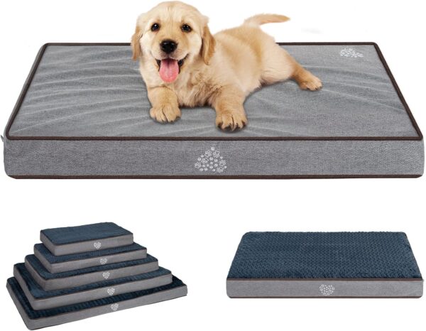 VANKEAN Dog Bed Soft Crate Pad Mat Reversible Cool & Warm, Washable Comfy Kennel Pad with Orthopedic Egg-Crate Foam for Small Medium Large Dogs, Water-Resistant Pet Bed, Gray/Dark Blue