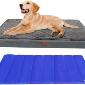 VOUNOT 2 in 1 Extra Large Dog Bed with Cooling Mat, Orthopedic Dog Mattress Pet Cushion with Removable Cover, Grey, 115x81x9 cm