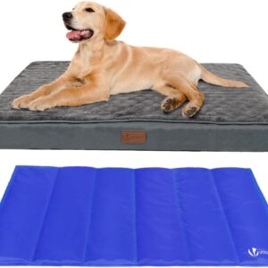 VOUNOT 2 in 1 Large Dog Bed with Cooling Mat, Orthopedic Dog Mattress Pet Cushion with Removable Cover, Grey, 115x81x9 cm